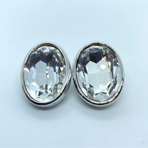 Vintage Ben Amun Large Silver Tone Clear Faceted Crystal Clip Earrings